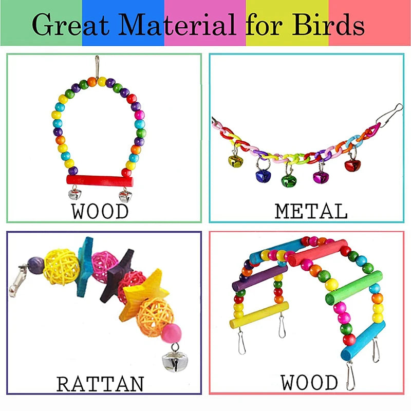 7Pcs Pack Wood Parrot Toys Bird Toy Cage Bird Accessories Swing Suspension Bridge Ball Cage Bells Pet Supplies Set