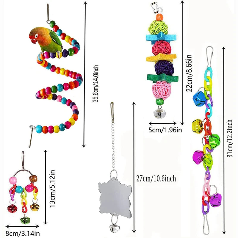 7Pcs Pack Wood Parrot Toys Bird Toy Cage Bird Accessories Swing Suspension Bridge Ball Cage Bells Pet Supplies Set