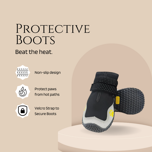 Dog protective boot with features listed on a beige background