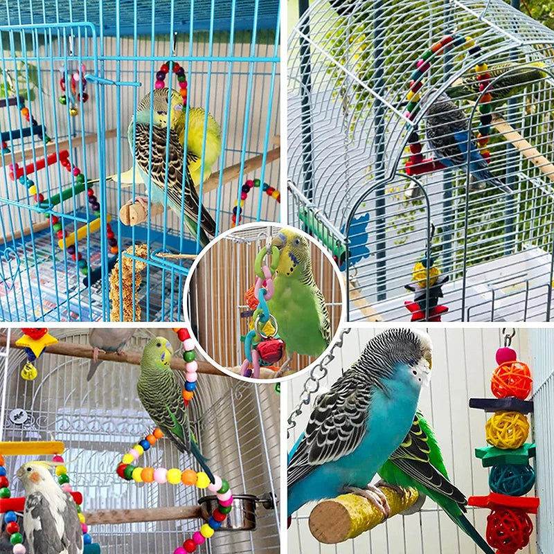 7Pcs Pack Wood Parrot Toys Bird Toy Cage Bird Accessories Swing Suspension Bridge Ball Cage Bells Pet Supplies Set